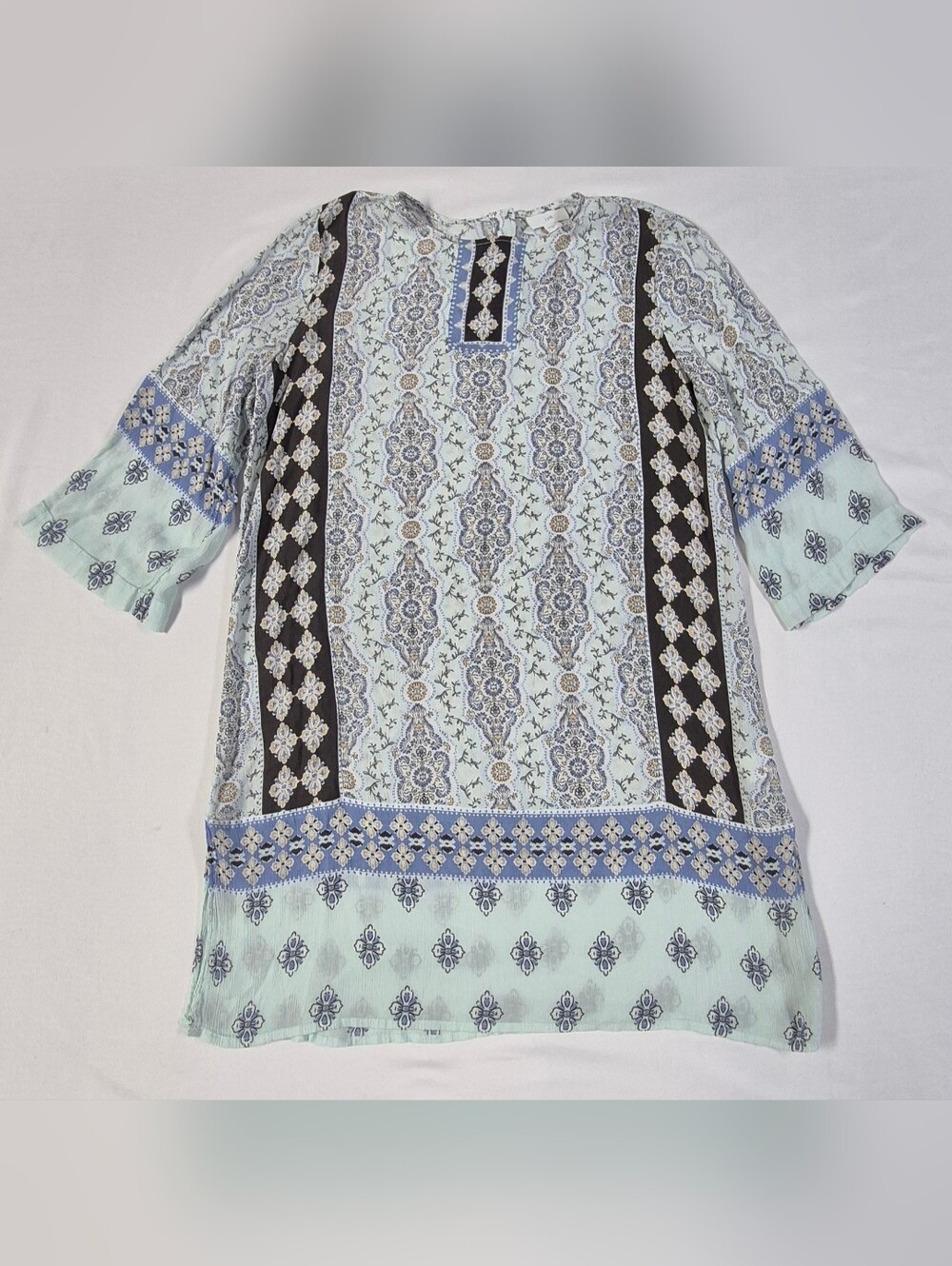 J. Jill Rayon Tunic Blouse Sz XS Blue Seaglass Mixed Print 3/4 Sleeve